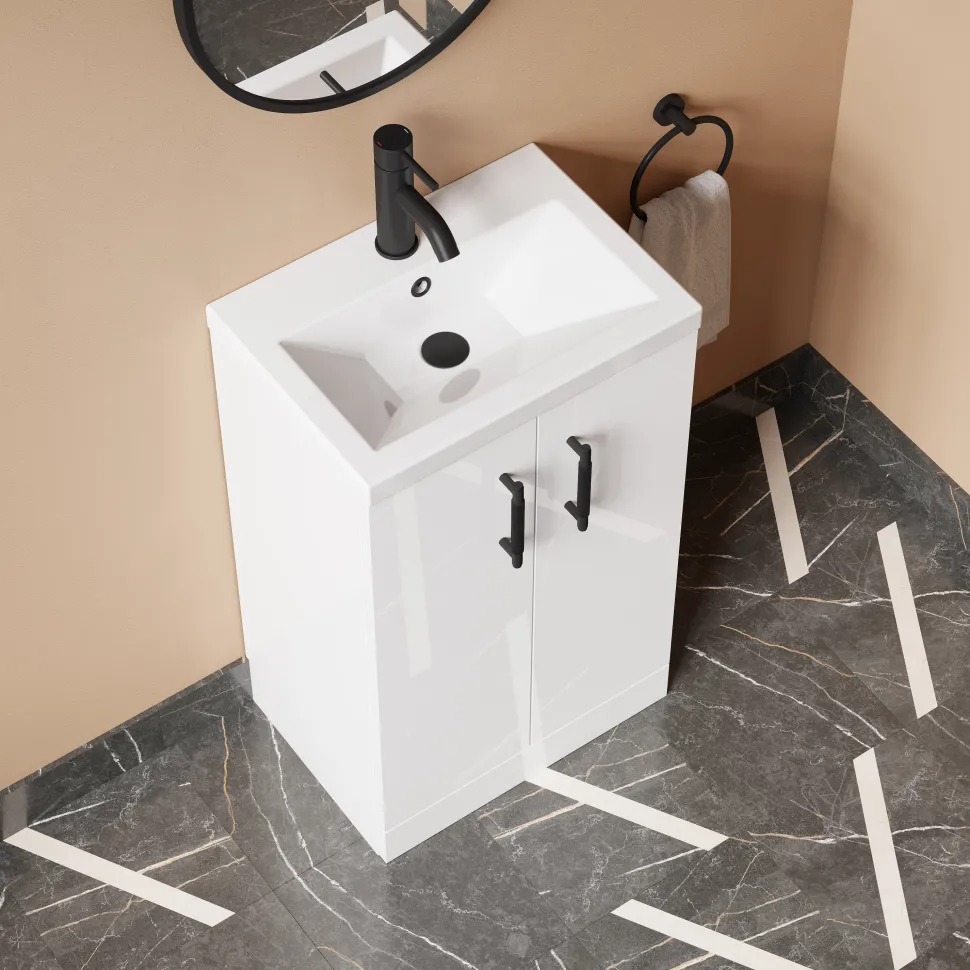 Erin Rimless Toilet & Vanity Unit Bathroom Suite Set with Brushed Brass Handles