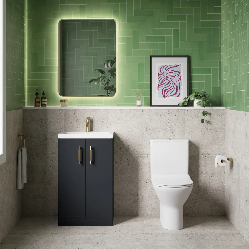 Erin Rimless Toilet & Vanity Unit Bathroom Suite Set with Brushed Brass Handles