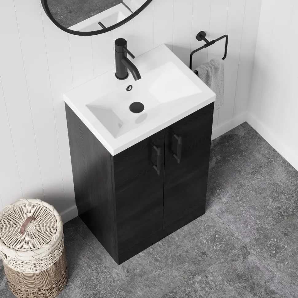 Erin Rimless Toilet & Vanity Unit Bathroom Suite Set with Brushed Brass Handles