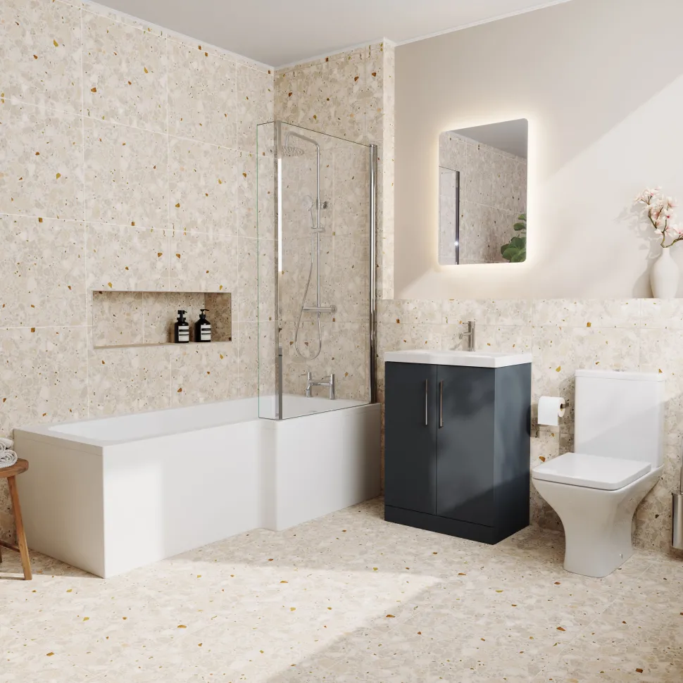 Erin Shower Bath Suite with 1700mm L Shaped Bath & Rimless Toilet