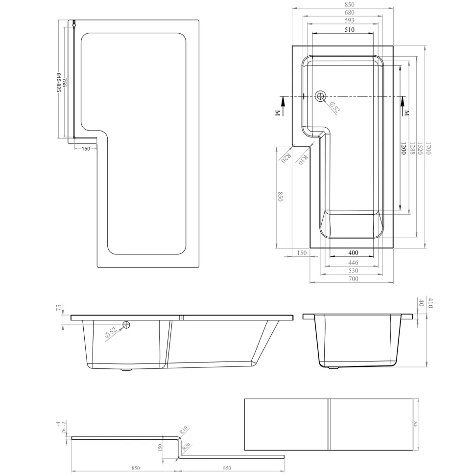 Erin Shower Bath Suite with 1700mm L Shaped Bath & Rimless Toilet