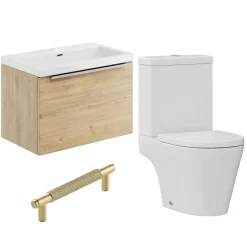 Freddie Rimless Toilet & Vanity Unit Bathroom Suite with Brushed Brass Handles