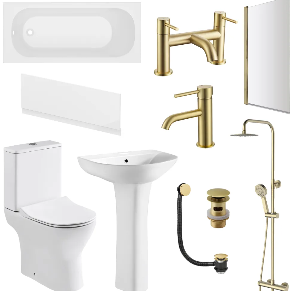 Harbour Acclaim Complete Brushed Brass Bathroom Suite with Reinforced Shower Bath & Rimless Toilet