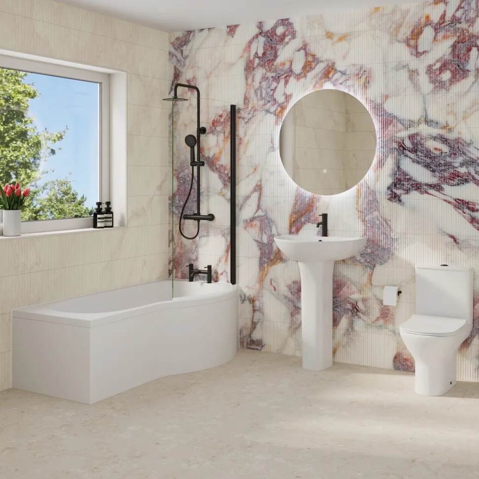 Harbour Acclaim Complete Matt Black Bathroom Suite with 1700mm P Shaped Shower Bath & Rimless Toilet