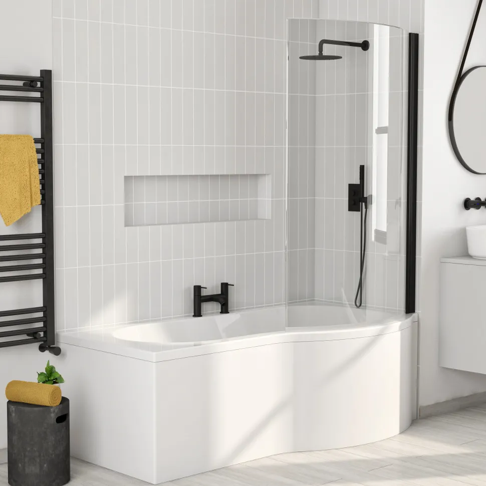 Harbour Acclaim Complete Matt Black Bathroom Suite with 1700mm P Shaped Shower Bath & Rimless Toilet