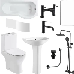 Harbour Acclaim Complete Matt Black Bathroom Suite with 1700mm P Shaped Shower Bath & Rimless Toilet