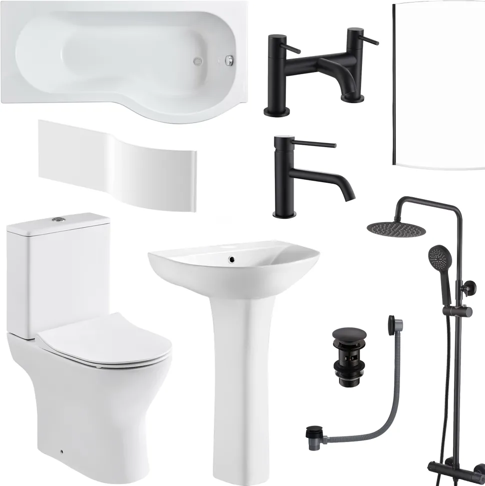 Harbour Acclaim Complete Matt Black Bathroom Suite with 1700mm P Shaped Shower Bath & Rimless Toilet