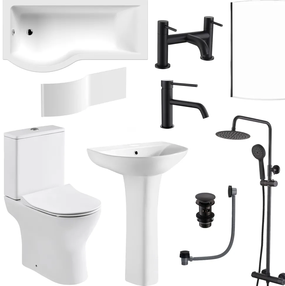 Harbour Acclaim Complete Matt Black Bathroom Suite with 1700mm P Shaped Shower Bath & Rimless Toilet