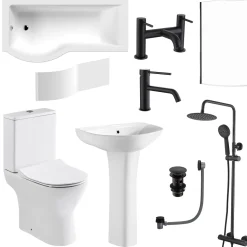 Harbour Acclaim Complete Matt Black Bathroom Suite with 1700mm P Shaped Shower Bath & Rimless Toilet