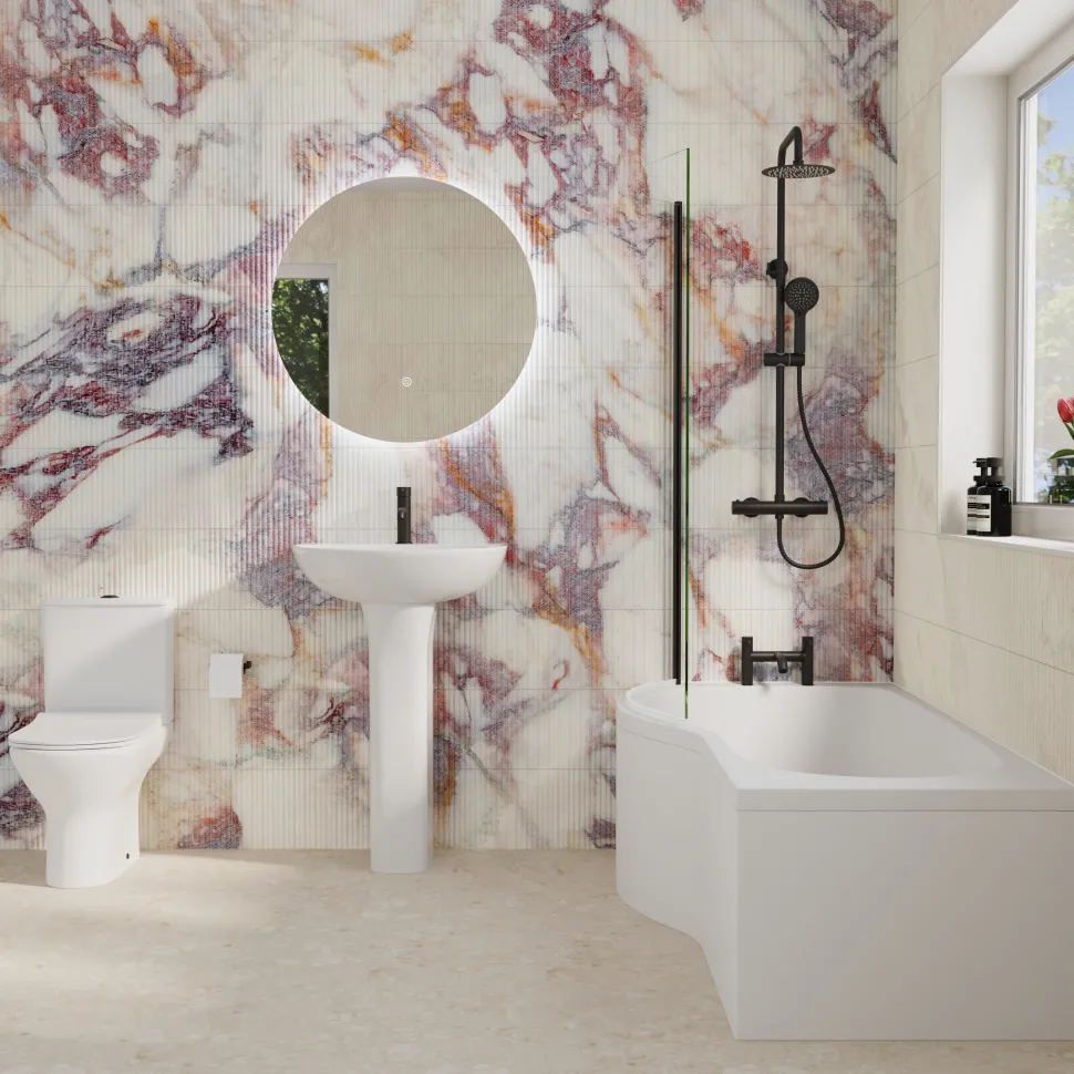 Harbour Acclaim Complete Matt Black Bathroom Suite with 1700mm P Shaped Shower Bath & Rimless Toilet