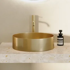 Harbour Brushed Brass Round PVD Countertop Basin with Waste - 377mm
