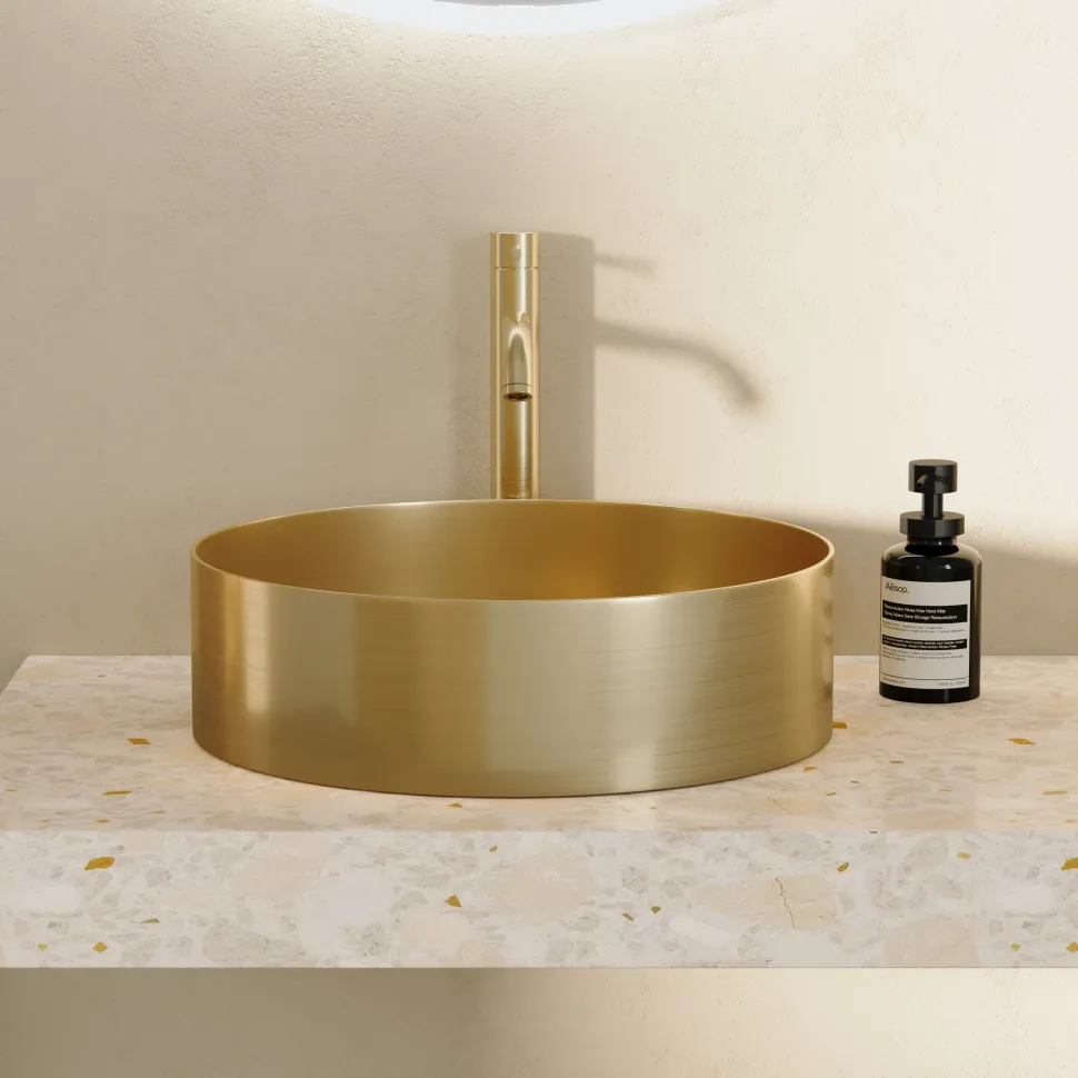 Harbour Brushed Brass Round PVD Countertop Basin with Waste - 377mm
