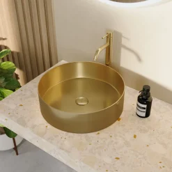 Harbour Brushed Brass Round PVD Countertop Basin with Waste - 377mm