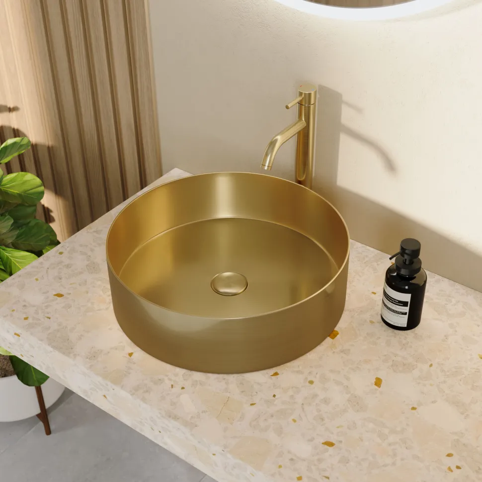 Harbour Brushed Brass Round PVD Countertop Basin with Waste - 377mm