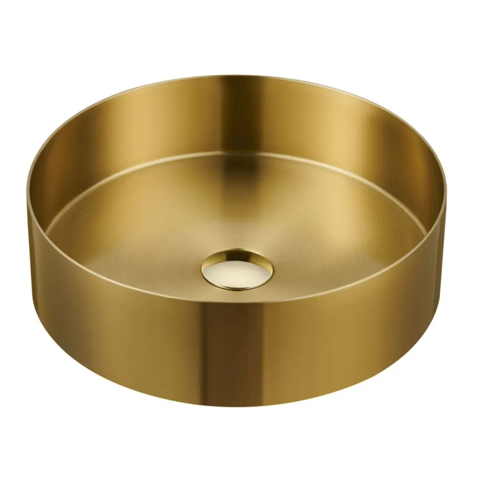 Harbour Brushed Brass Round PVD Countertop Basin with Waste - 377mm