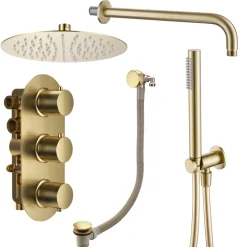 Harbour Clarity Brushed Brass Shower Package with 3 Outlet Valve, Fixed Head & Arm, Wall Shower Kit and Overflow Bath Filler