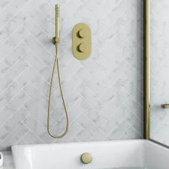 Harbour Clarity Brushed Brass Shower Package with 2 Outlet Valve, Wall Shower Kit and Overflow Bath Filler