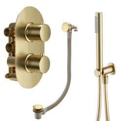 Harbour Clarity Brushed Brass Shower Package with 2 Outlet Valve, Wall Shower Kit and Overflow Bath Filler