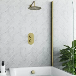 Harbour Clarity Brushed Brass Shower Package with 2 Outlet Valve, Fixed Head & Arm and Overflow Bath Filler