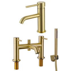 Harbour Clarity Brushed Brass Basin Mixer Tap & Waste and Bath Shower Mixer Tap with Shower Kit