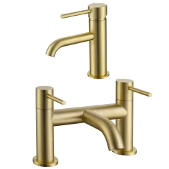 Harbour Clarity Brushed Brass Basin Mixer Tap & Waste and Deck Mounted Bath Mixer Tap