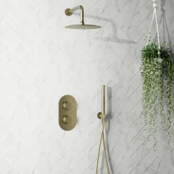 Harbour Clarity Brushed Brass Shower Package with 2 Outlet Valve, Fixed Head & Arm and Wall Shower Kit