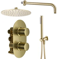 Harbour Clarity Brushed Brass Shower Package with 2 Outlet Valve, Fixed Head & Arm and Wall Shower Kit