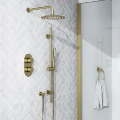 Harbour Clarity Brushed Brass Shower Package with 2 Outlet Valve, Fixed Head & Arm and Slide Rail Shower Kit