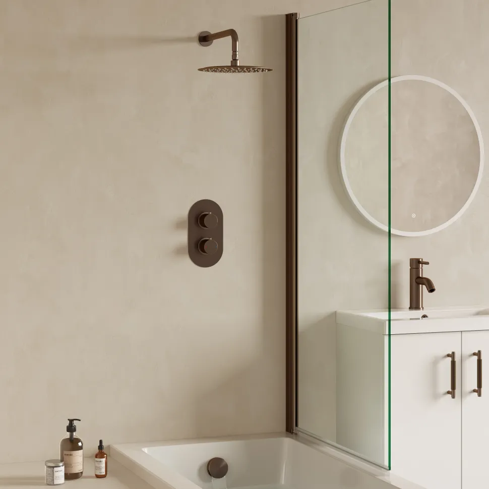 Harbour Clarity Brushed Bronze Shower Package with 2 Outlet Valve, Fixed Head & Wall Arm and Overflow Bath Filler