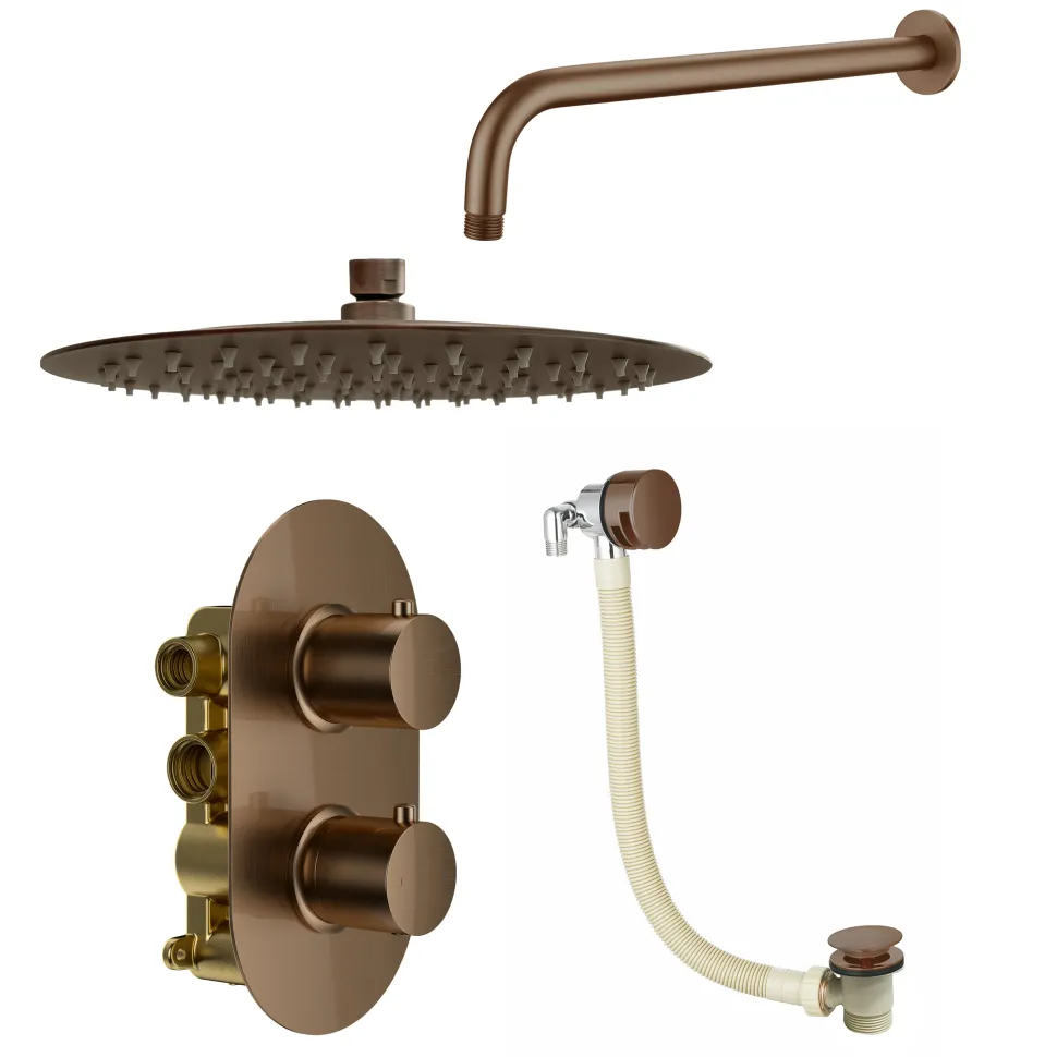 Harbour Clarity Brushed Bronze Shower Package with 2 Outlet Valve, Fixed Head & Wall Arm and Overflow Bath Filler