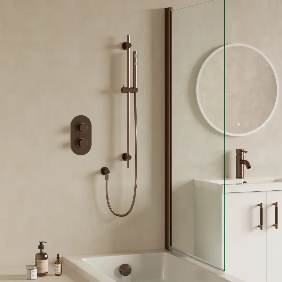 Harbour Clarity Brushed Bronze Shower Package with 2 Outlet Valve, Slide Rail Kit and Overflow Bath Filler