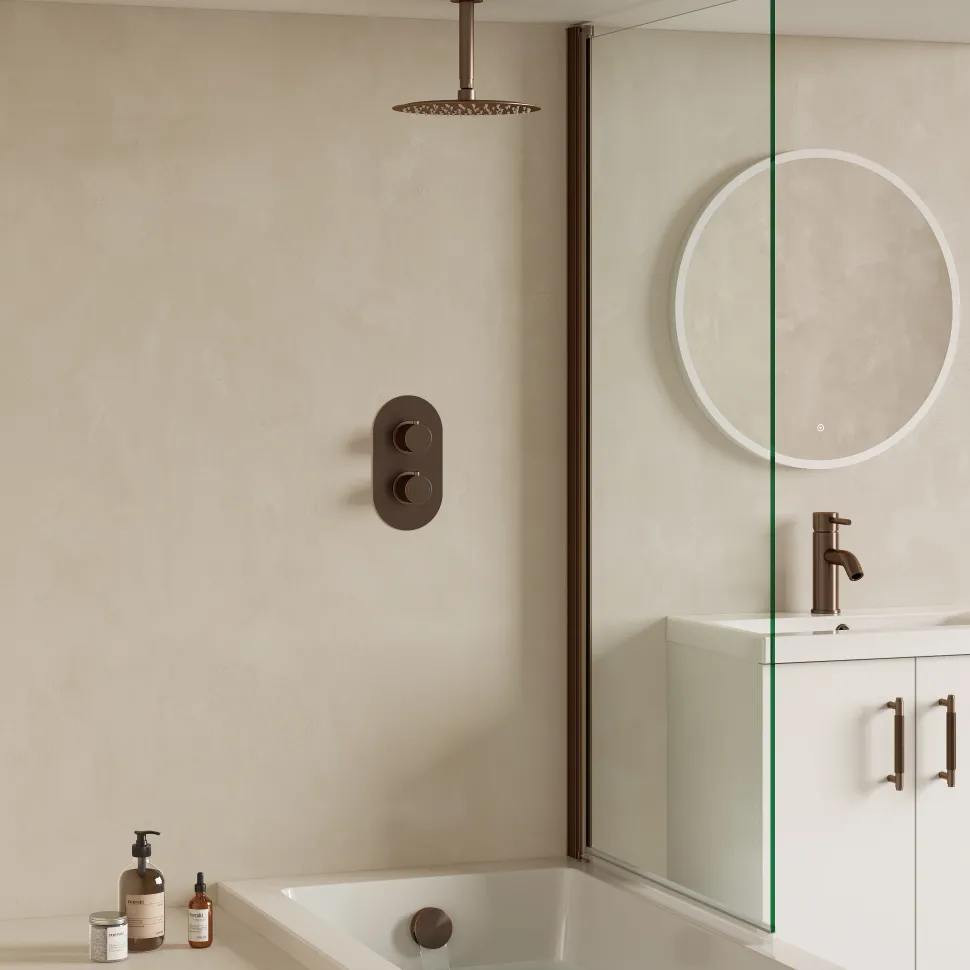 Harbour Clarity Brushed Bronze Shower Package with 2 Outlet Valve, Fixed Head & Ceiling Arm and Overflow Bath Filler