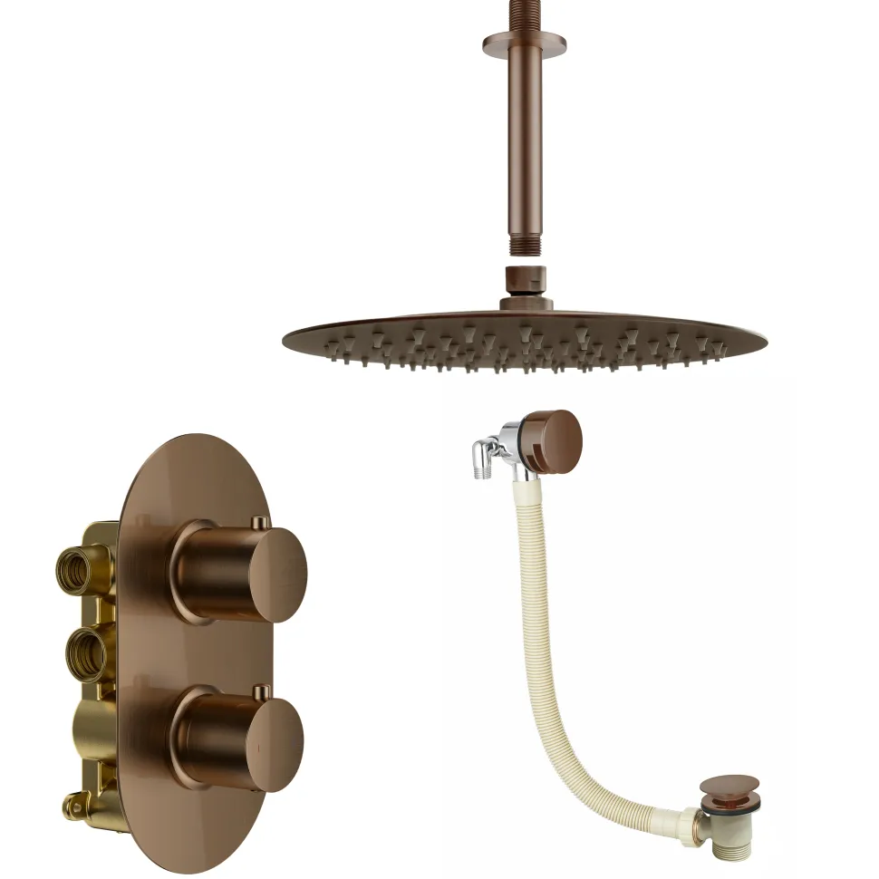 Harbour Clarity Brushed Bronze Shower Package with 2 Outlet Valve, Fixed Head & Ceiling Arm and Overflow Bath Filler