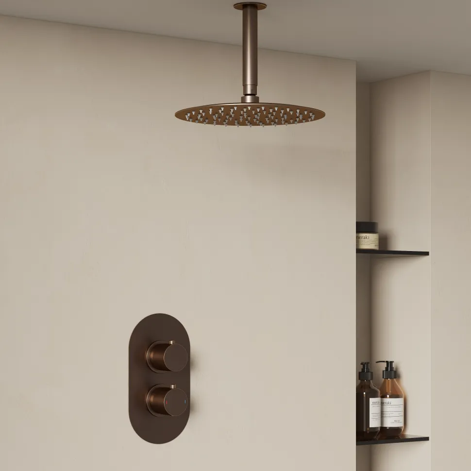 Harbour Clarity Brushed Bronze Concealed Shower Valve, Fixed Ceiling Mounted Shower Arm & Head