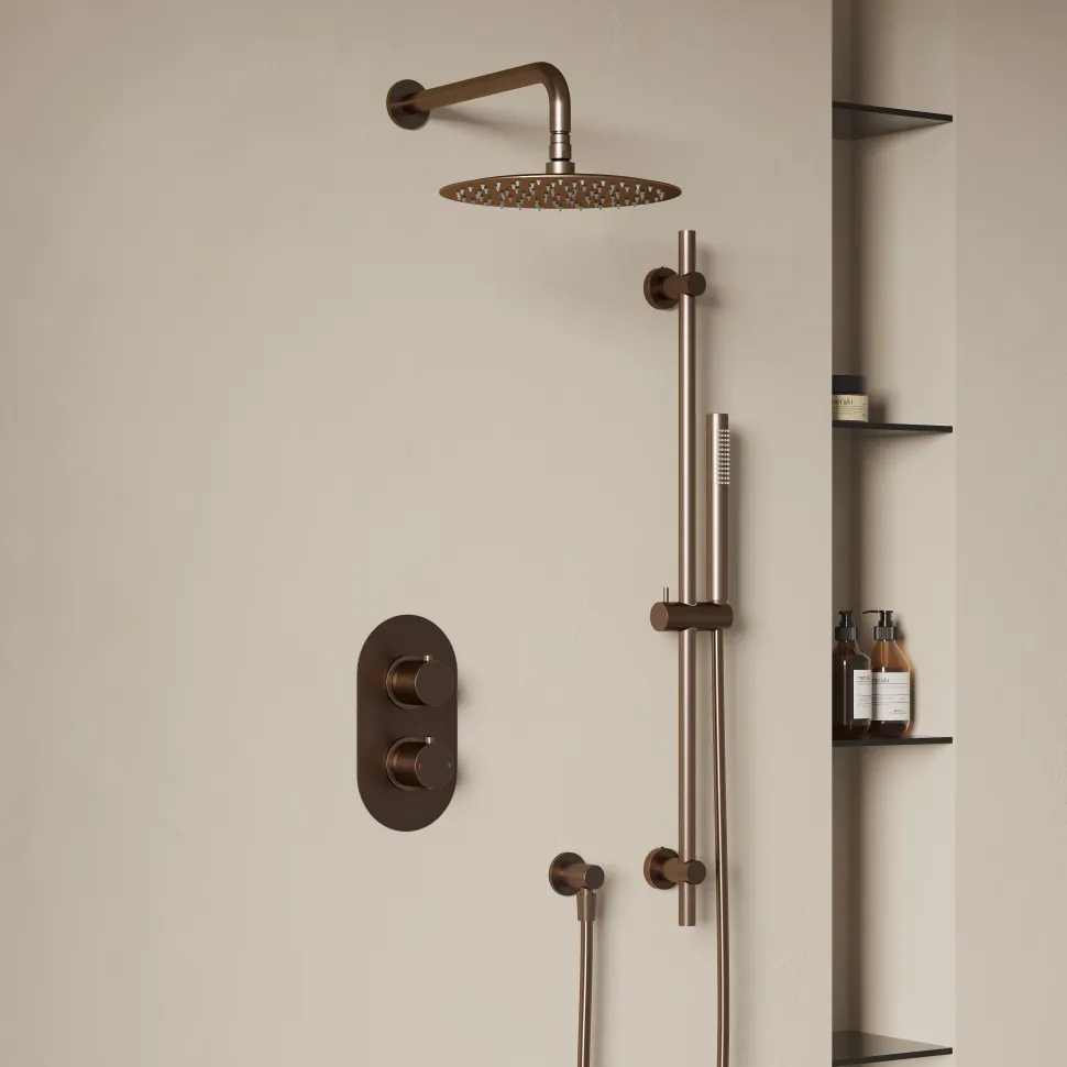 Harbour Clarity Brushed Bronze Shower Package with 2 Outlet Valve, Fixed Head & Wall Mounted Arm and Slide Rail Shower Kit