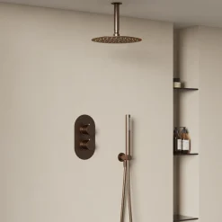 Harbour Clarity Brushed Bronze Shower Package with 2 Outlet Valve, Fixed Head & Ceiling Arm and Wall Shower Kit