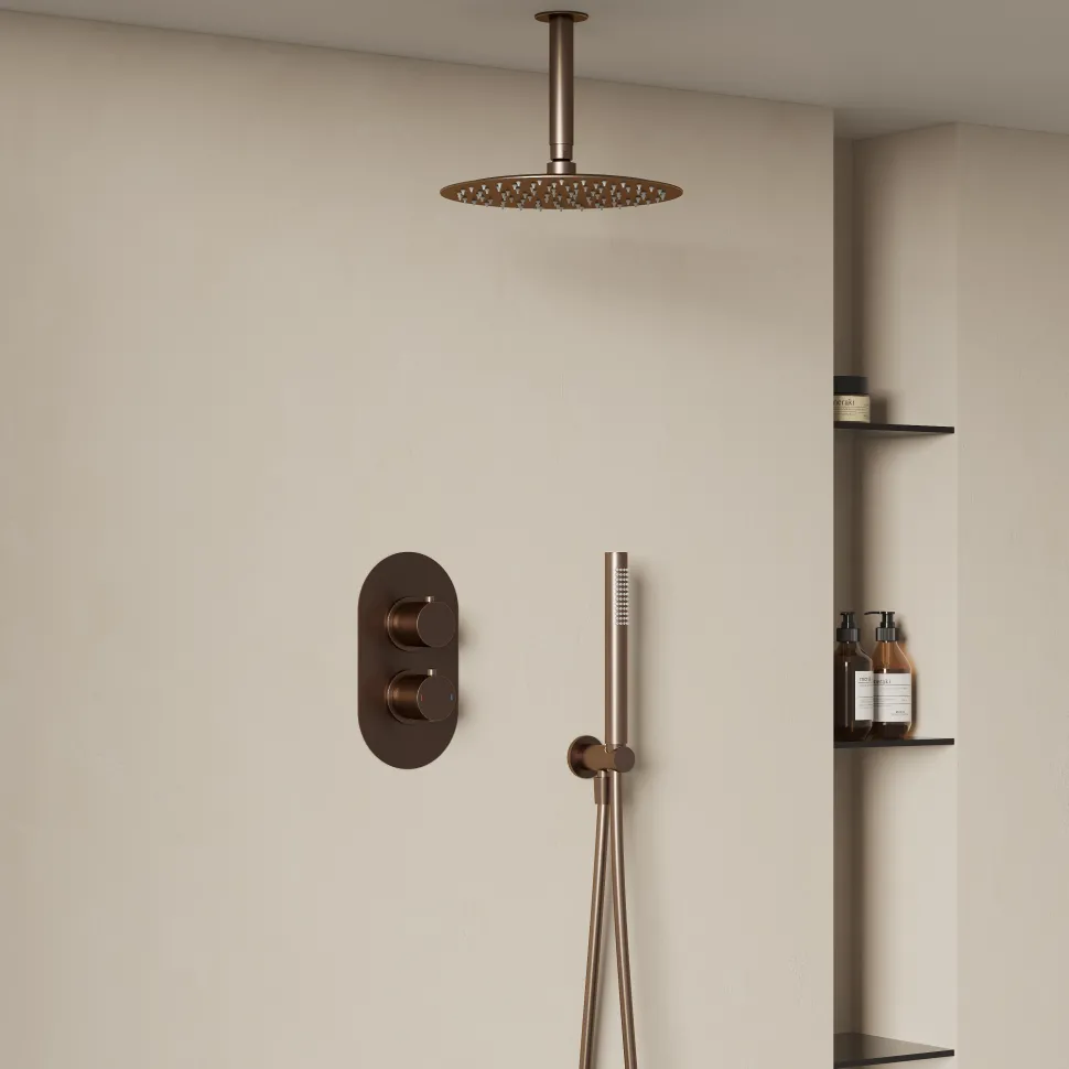 Harbour Clarity Brushed Bronze Shower Package with 2 Outlet Valve, Fixed Head & Ceiling Arm and Wall Shower Kit