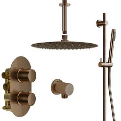 Harbour Clarity Brushed Bronze Shower Package with 2 Outlet Valve, Fixed Head & Ceiling Arm and Slide Rail Shower Kit