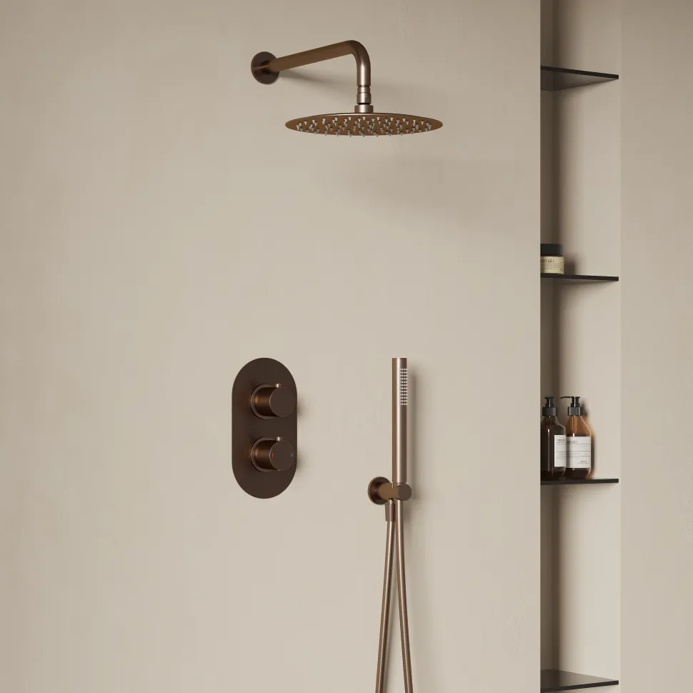 Harbour Clarity Brushed Bronze Shower Package with 2 Outlet Valve, Fixed Head & Wall Mounted Arm and Wall Shower Kit