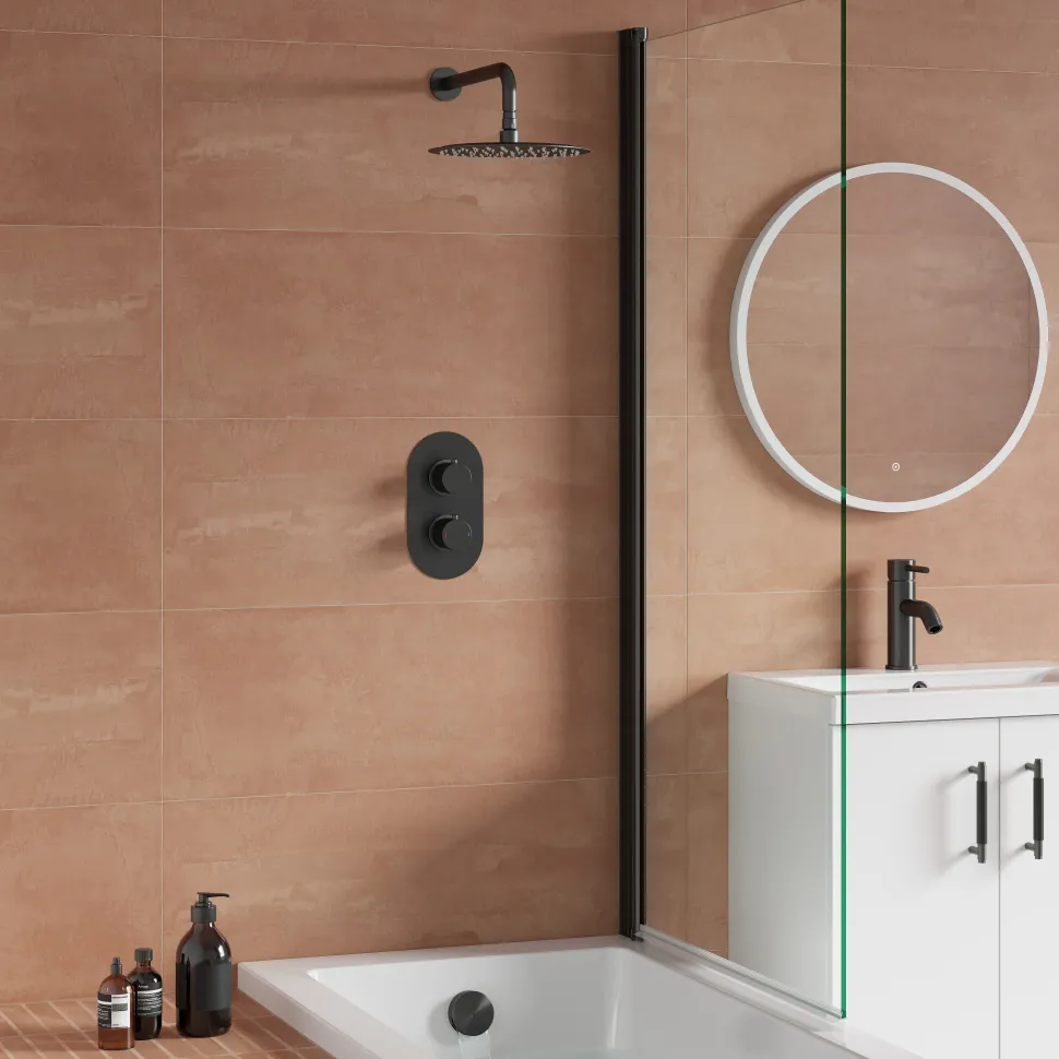 Harbour Clarity Gunmetal Shower Package with 2 Outlet Valve, Fixed Head & Wall Arm and Overflow Bath Filler