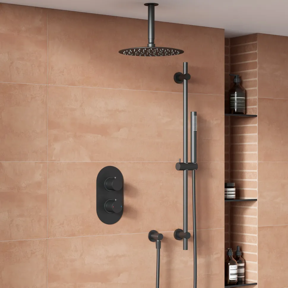 Harbour Clarity Gunmetal Shower Package with 2 Outlet Valve, Fixed Head & Ceiling Arm and Slide Rail Shower Kit