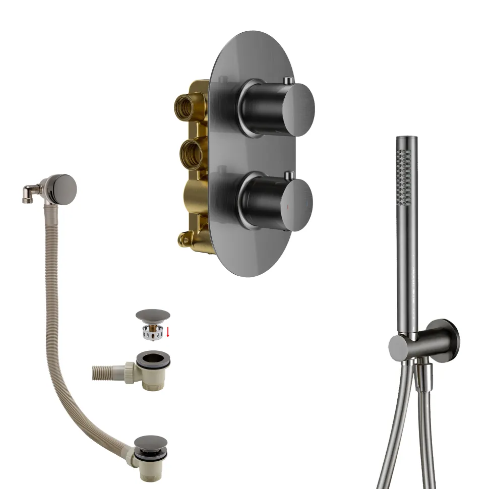 Harbour Clarity Gunmetal Shower Package with 2 Outlet Valve, Wall Shower Kit and Overflow Bath Filler