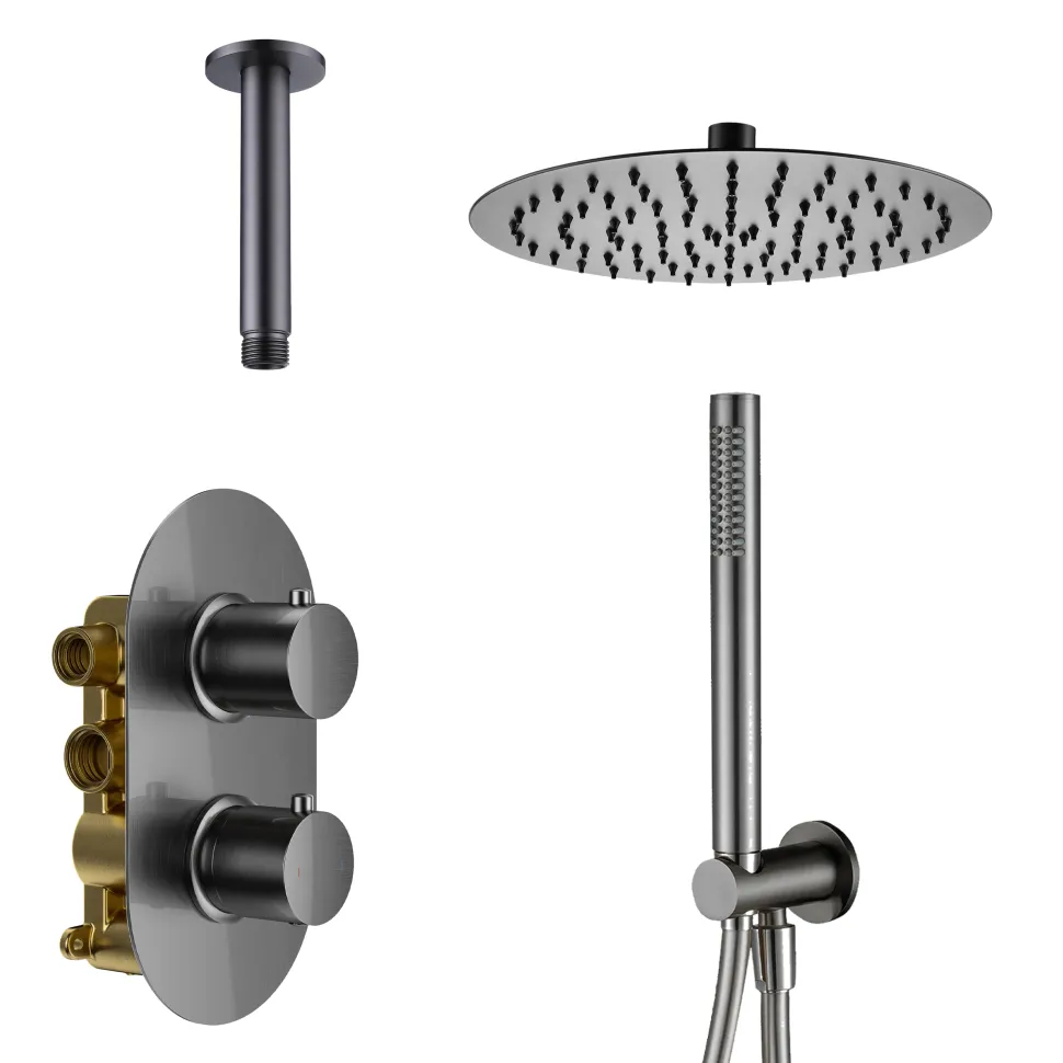 Harbour Clarity Gunmetal Shower Package with 2 Outlet Valve, Fixed Head & Ceiling Arm and Wall Shower Kit