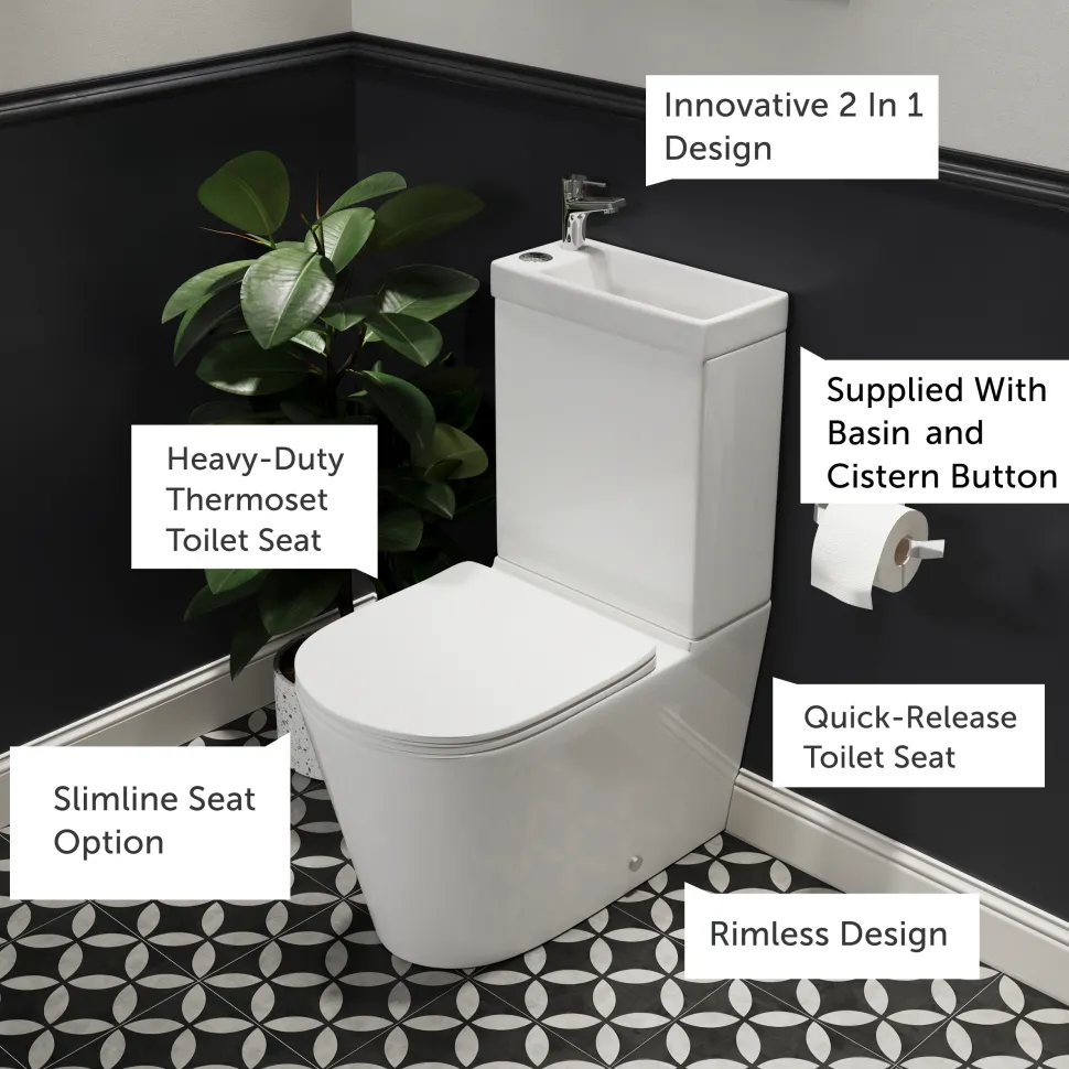 Harbour Clarity 2 in 1 Wash Basin & Close Coupled Closed Back Toilet with Soft Close Seat