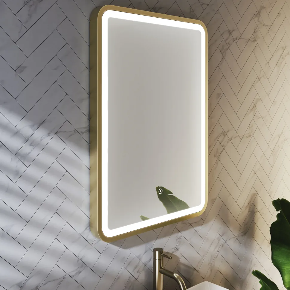 Harbour Clarity LED Illuminated Brushed Brass Framed Mirror with Demister Pad - 500 x 700mm