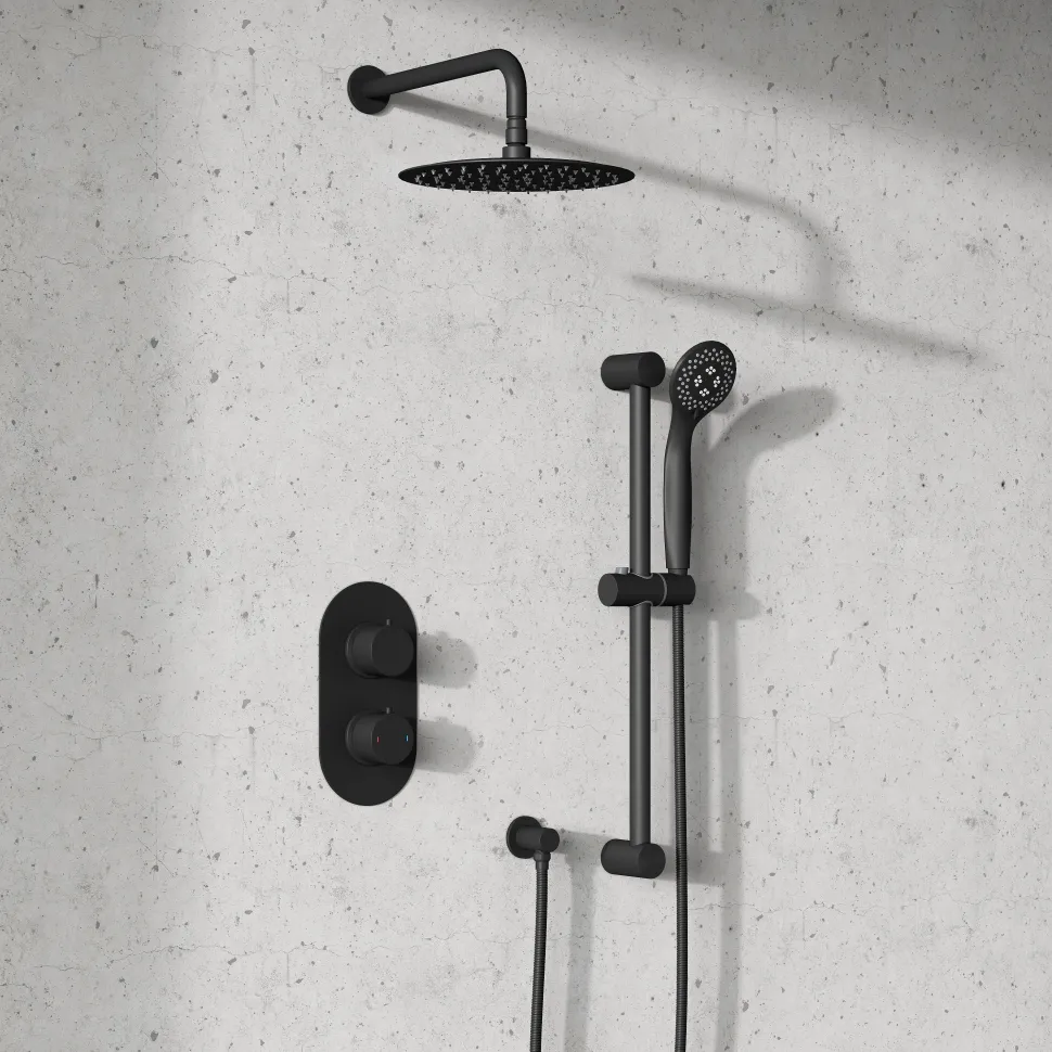 Harbour Clarity Matt Black Concealed Shower Valve, Fixed Head & Arm and Slide Rail Kit