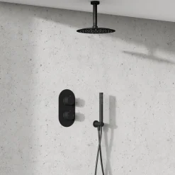 Harbour Clarity Matt Black Concealed Shower Valve, Fixed Ceiling Mounted Head and Wall Shower Kit