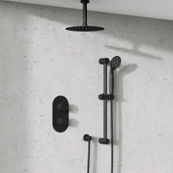 Harbour Clarity Matt Black Concealed Shower Valve, Fixed Ceiling Mounted Head and Slide Rail Kit