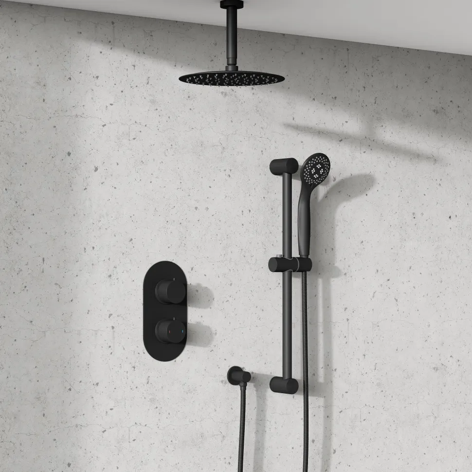 Harbour Clarity Matt Black Concealed Shower Valve, Fixed Ceiling Mounted Head and Slide Rail Kit
