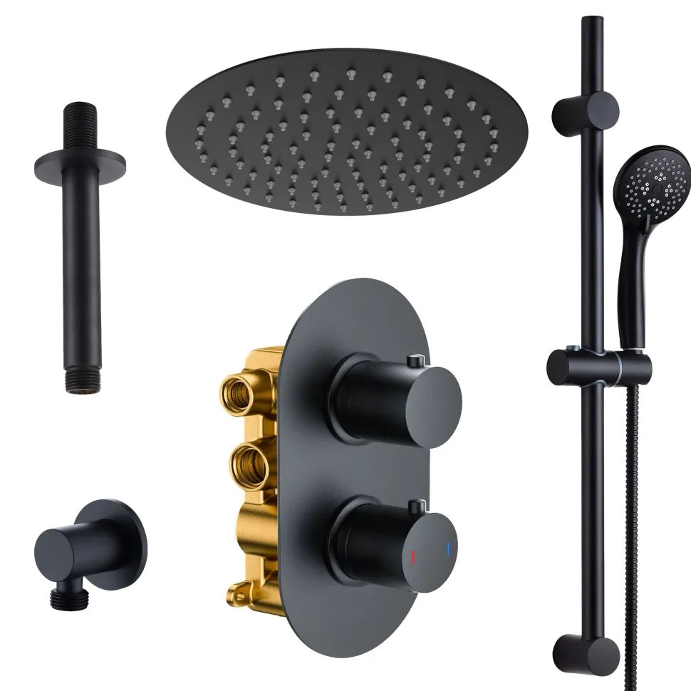 Harbour Clarity Matt Black Concealed Shower Valve, Fixed Ceiling Mounted Head and Slide Rail Kit